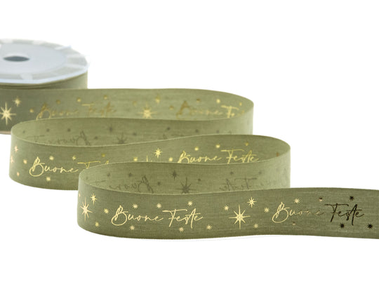 Imprimé Joyeuses Fêtes en polycoton vert sauge 25 mm