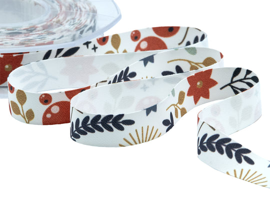Satin de soie 15 mm imprimé baies de Noël