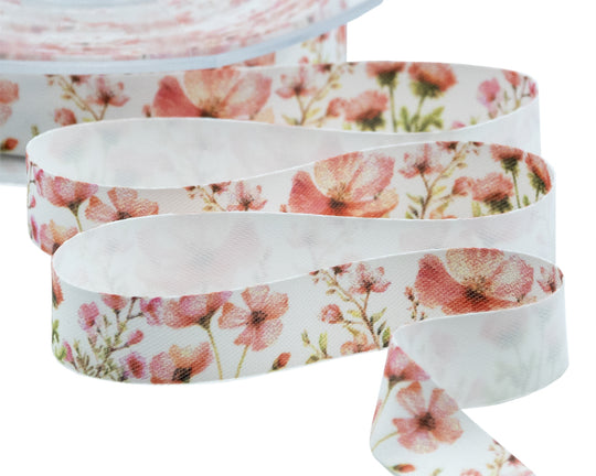 Satin de soie 15 mm à imprimé floral rose