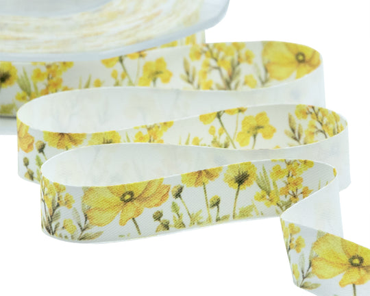 Satin de soie 15 mm à imprimé floral jaune