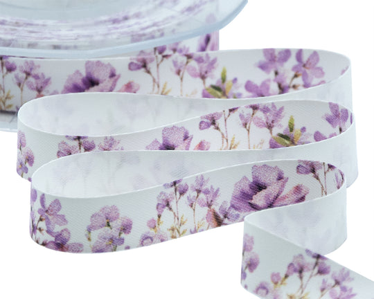 Satin de soie 15 mm à imprimé floral lilas
