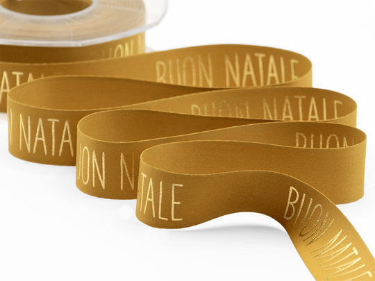 Satin de soie 25 mm imprimé moutarde Joyeux Noël