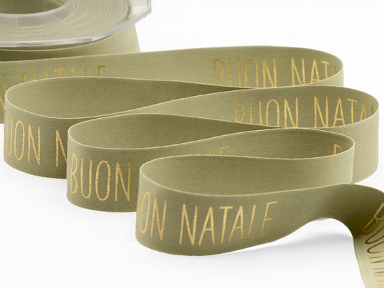 Satin de soie 25 mm imprimé Joyeux Noël vert sauge