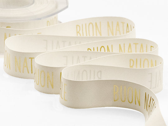 Satin de soie 25 mm imprimé Joyeux Noël blanc naturel