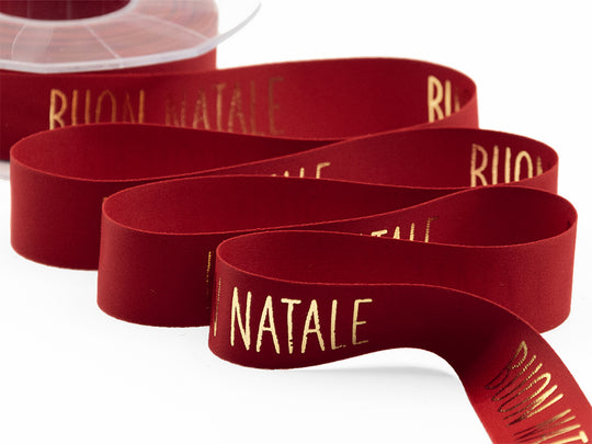 Satin de soie 25 mm imprimé Joyeux Noël Amarante