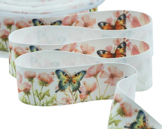 Satin de soie 25 mm à imprimé floral rose