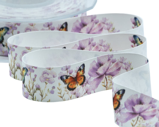 Satin de soie 25 mm à imprimé floral lilas