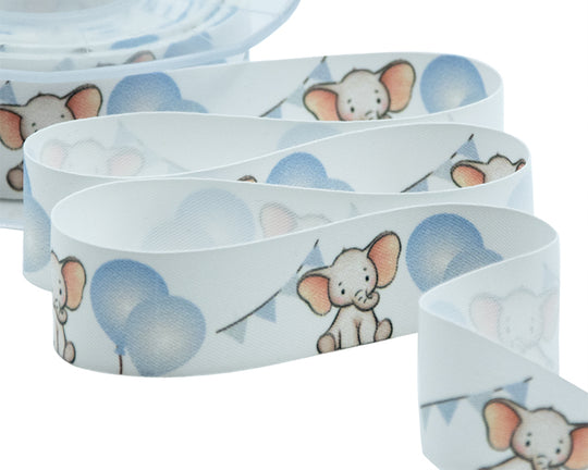 Satin de soie 25 mm avec imprimé ballon éléphant bleu