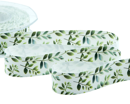 Satin de soie 25 mm avec imprimé feuillage vert