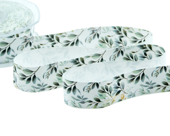 Satin de soie 25 mm avec imprimé feuillage bleu clair