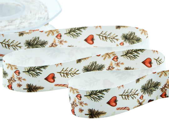 Raso Seta 25 mm Stampa Natale Vintage Bianco