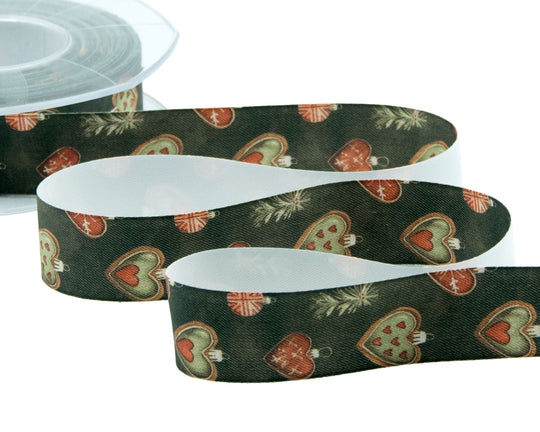 Raso Seta 25 mm Stampa Natale Vintage Cuori