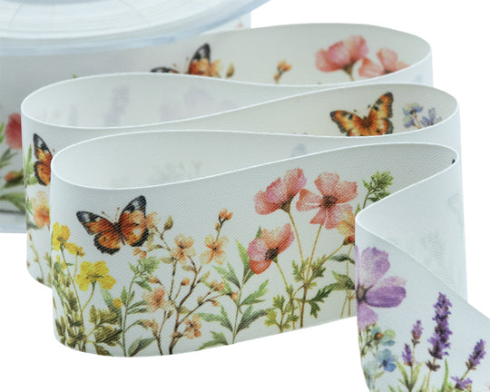 Satin de soie 40 mm avec imprimé floral blanc