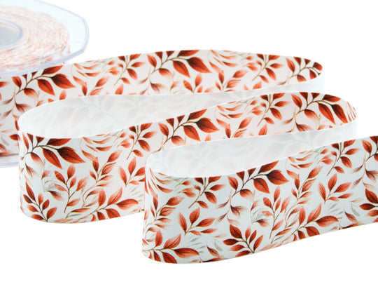 Satin de soie 40 mm avec imprimé feuillage rouge