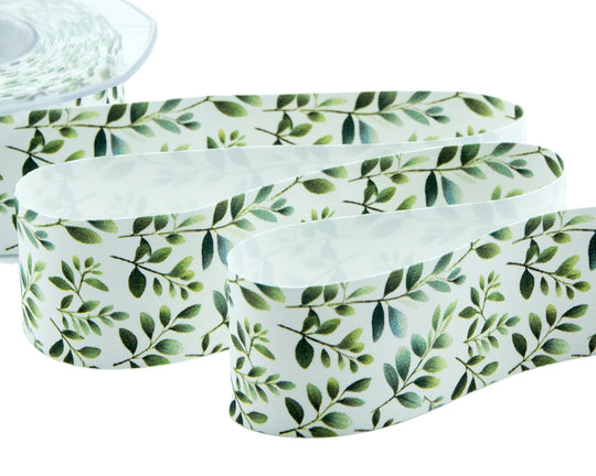Satin de soie 40 mm avec imprimé feuillage vert