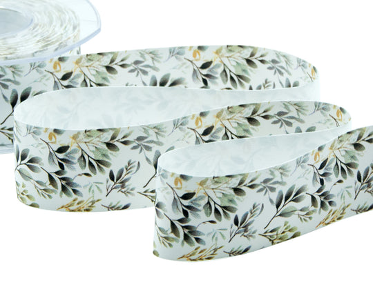 Satin de soie 40 mm imprimé feuillage bleu clair