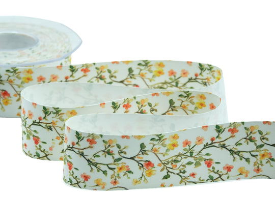 Satin de soie 40 mm avec imprimé feuillage vert