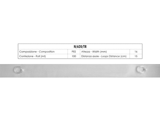 Ruban transparent pour stores romains avec anneau cousu de 16 mm