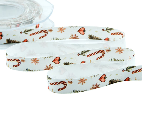 Raso Seta 15 mm Stampa Natale Vintage Bianco