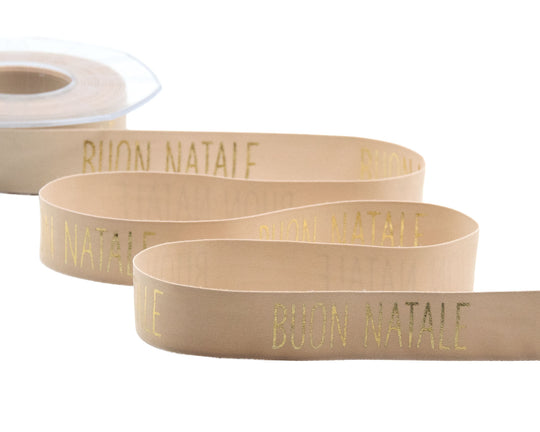 Satin de soie 25 mm imprimé Joyeux Noël beige