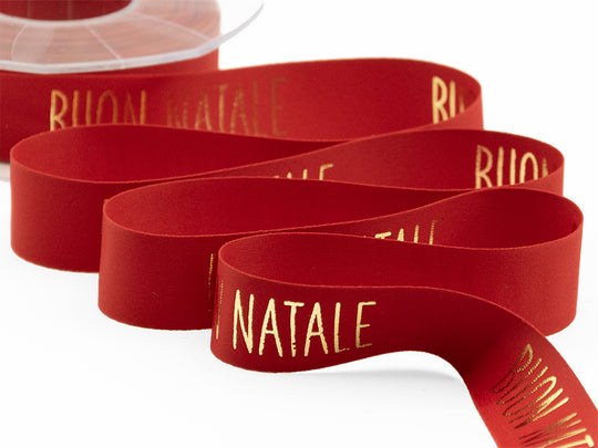Satin de soie 25 mm imprimé Joyeux Noël rouge
