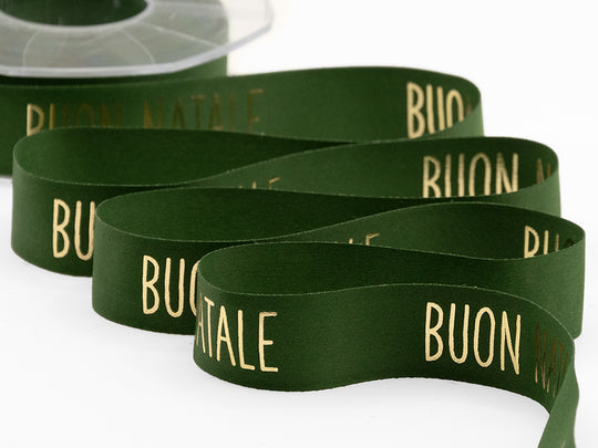 Satin de soie 25 mm imprimé Joyeux Noël vert anglais