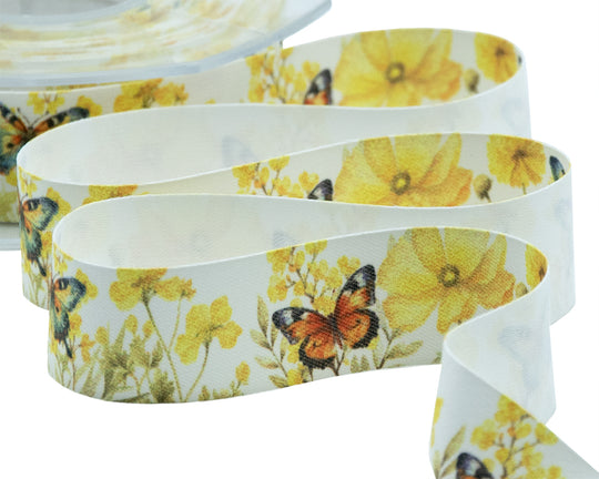 Satin de soie 25 mm à imprimé floral jaune