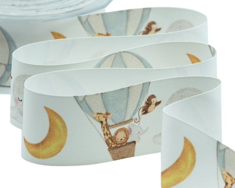 Doppio Raso Seta 40 mm Stampa Balloon Zoo Azzurro