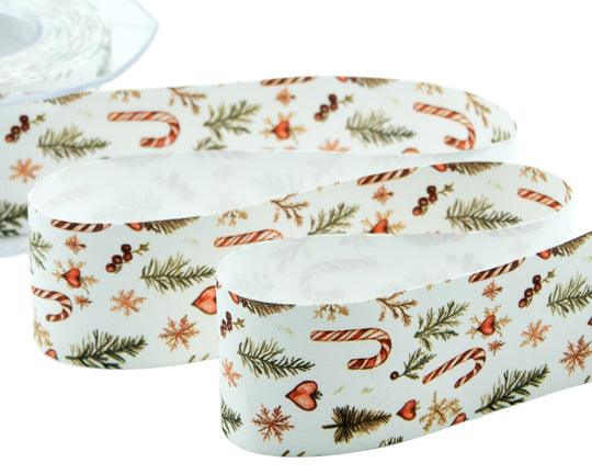 Raso Seta 40 mm Stampa Natale Vintage Bianco