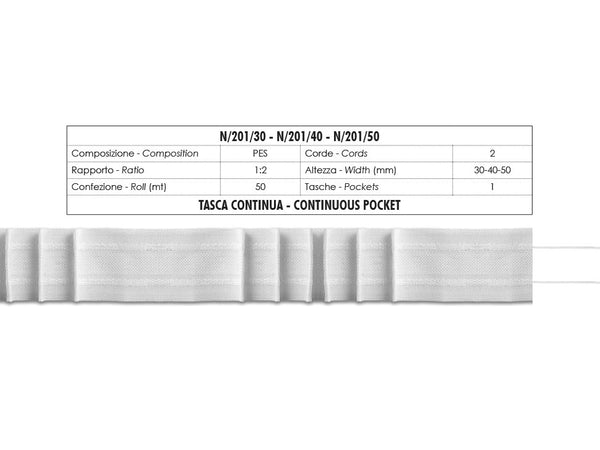 Fettuccia Arricciatende Tasca Continua 2 Corde 30mm