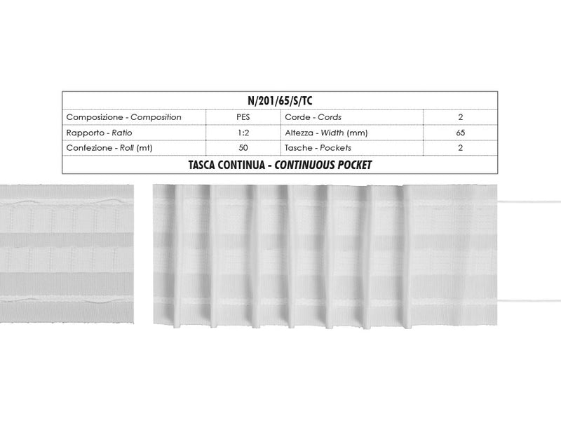 Curtain Tape Continuous Pocket 2 Strings 65mm