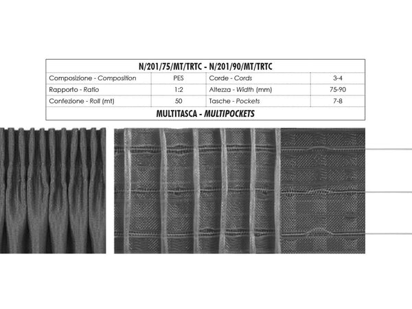 Fettuccia Trasparente Arricciatende Multitasca Tasca Continua 4 Corde 90mm