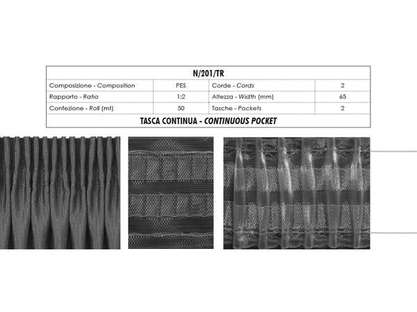 Fettuccia Trasparente Arricciatende Tasca Continua 2 Corde 65mm