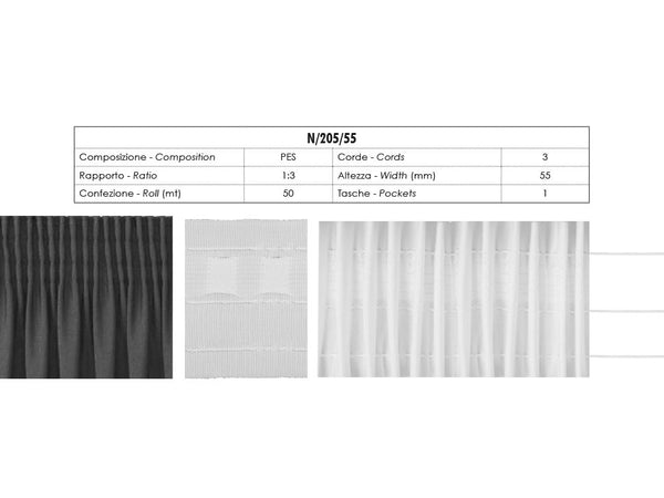 Ruban Fronceur Rapport 1:3 Avec 1 Poche et 3 Cordes 55mm