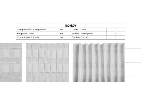 Fettuccia Arricciatende Rapporto 1:3 Con 2 Tasche e 3 Corde 70mm