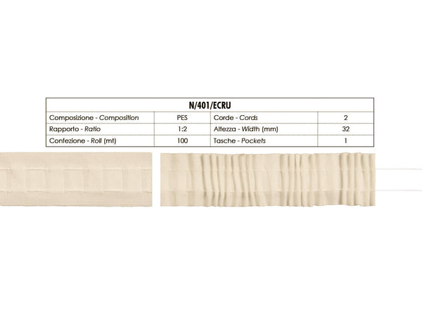 Fettuccia Arricciatende Ecru Beige 1 Tasca 2 Corde 32mm