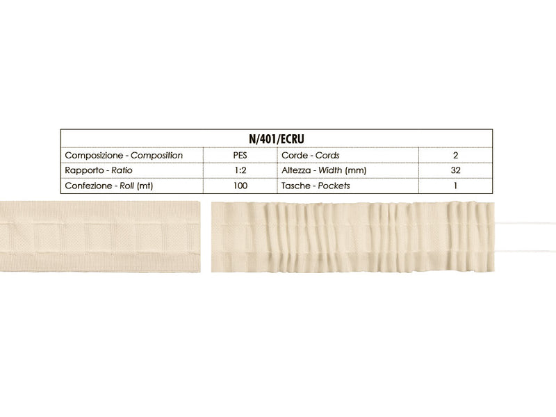 Fettuccia Curl Curtains Ecru Beige 1 Pocket 2 Strings 32mm