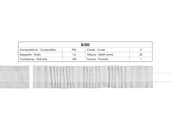 Fettuccia Arricciatende Tasca Continua 2 Corde 32mm