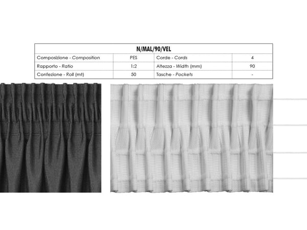 Ruban avec Velcro pour Stores avec Plis Alternatifs 4 Cordes 90mm