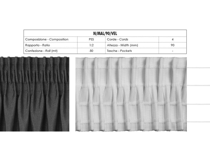 Fettuccia Velcrata Per Tende Con Pieghe Alternate 4 Corde 90mm
