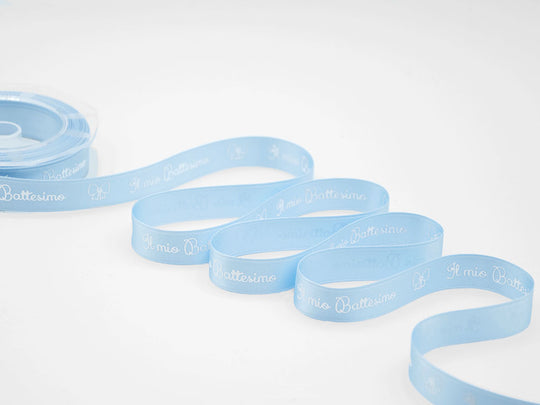 Double satin 16 mm imprime mon baptême bleu bébé