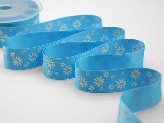 Double Satin Print Serigraf.25 mm Daisies Turquoise Bicolor