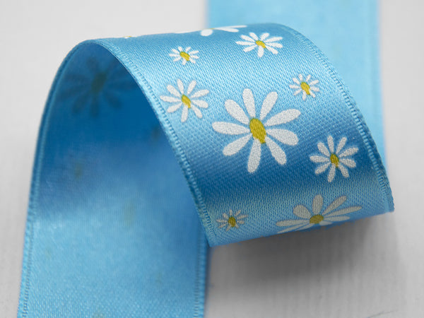 Double satin print serigraf.25 mm turquoise bicolor daisies