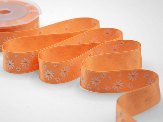 Double Satin Print Serigraf.25 mm Orange Bicolor Daisies