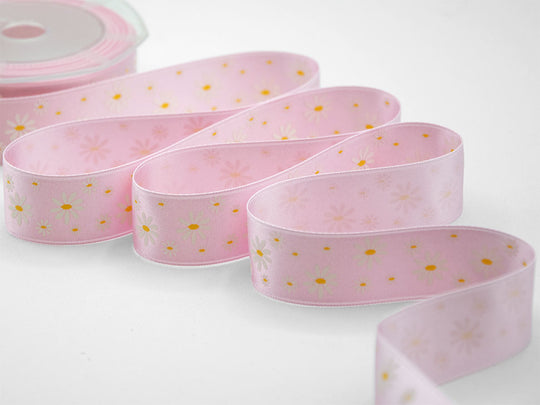 Doppio Raso Stampa Serigraf.25 mm Margherite Bicolor Rosa Baby