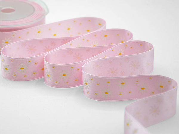 Double satin print serigraf.25 mm bicolor daisies pink baby