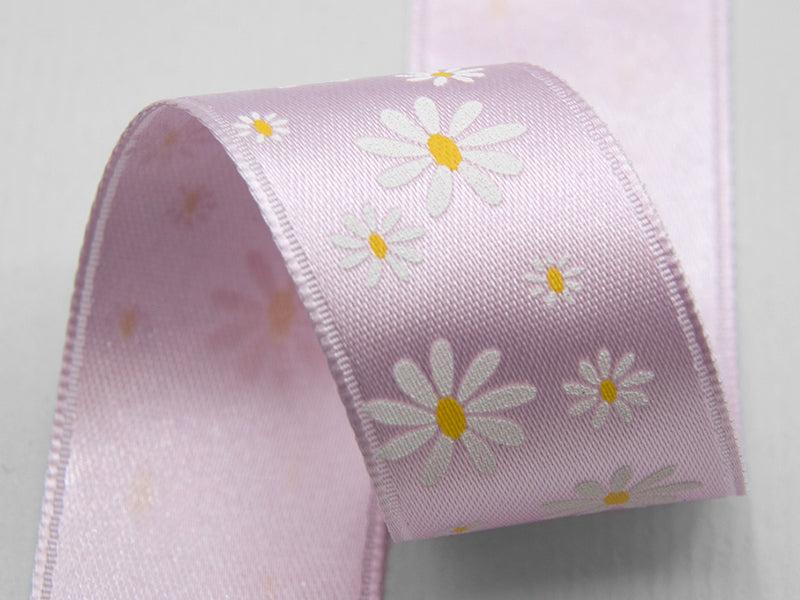 Double satin print serigraf.25 mm bicolor daisies pink baby