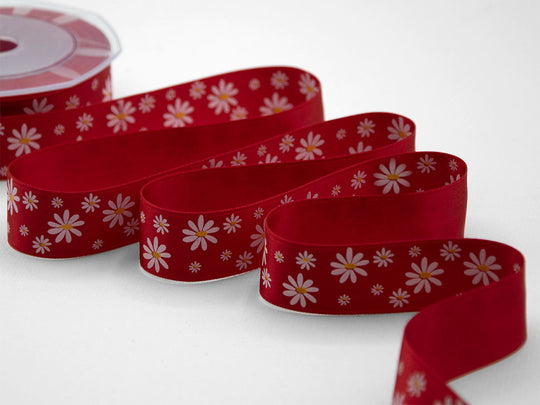 Double Satin Print Serigraf.25 mm Daisies Bicolores rouges