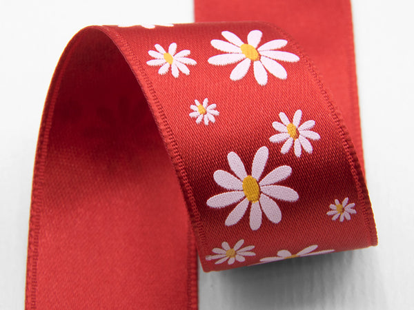 Double satin print serigraf.25 mm red bicolor daisies