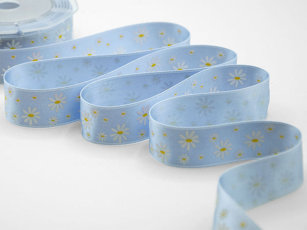 Double satin print serigraf.25 mm bicolor blue daisies bab